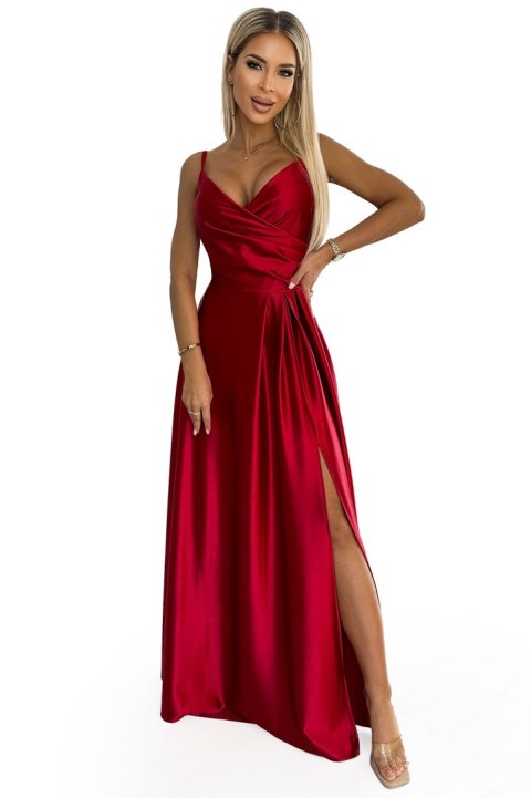 299-14 CHIARA elegancka maxi długa satynowa suknia na ramiączkach - CZERWONA Numoco