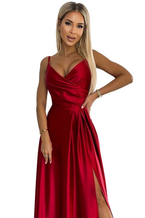 299-14 CHIARA elegancka maxi długa satynowa suknia na ramiączkach - CZERWONA Numoco