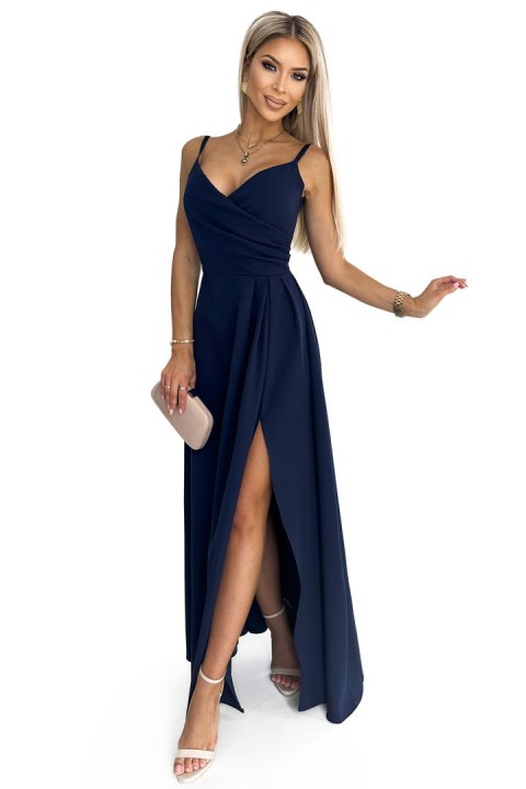 299-7 CHIARA elegancka maxi długa suknia na ramiączkach - GRANATOWA Numoco