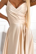 299-8 CHIARA elegancka maxi długa satynowa suknia na ramiączkach - ZŁOTA Numoco