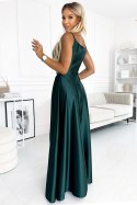 299-9 CHIARA elegancka maxi długa satynowa suknia na ramiączkach - ZIELEŃ BUTELKOWA Numoco