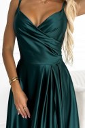 299-9 CHIARA elegancka maxi długa satynowa suknia na ramiączkach - ZIELEŃ BUTELKOWA Numoco