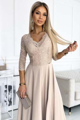 309-10 AMBER koronkowa elegancka długa suknia z dekoltem i rozcięciem na nogę - BEŻOWA Numoco
