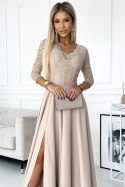 309-10 AMBER koronkowa elegancka długa suknia z dekoltem i rozcięciem na nogę - BEŻOWA Numoco