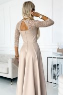 309-10 AMBER koronkowa elegancka długa suknia z dekoltem i rozcięciem na nogę - BEŻOWA Numoco