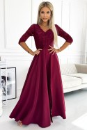 309-9 AMBER elegancka długa suknia maxi z koronkowym dekoltem - BORDOWA Numoco