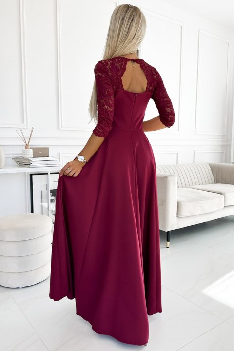 309-9 AMBER elegancka długa suknia maxi z koronkowym dekoltem - BORDOWA Numoco