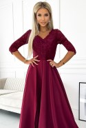 309-9 AMBER elegancka długa suknia maxi z koronkowym dekoltem - BORDOWA Numoco
