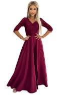 309-9 AMBER elegancka długa suknia maxi z koronkowym dekoltem - BORDOWA Numoco