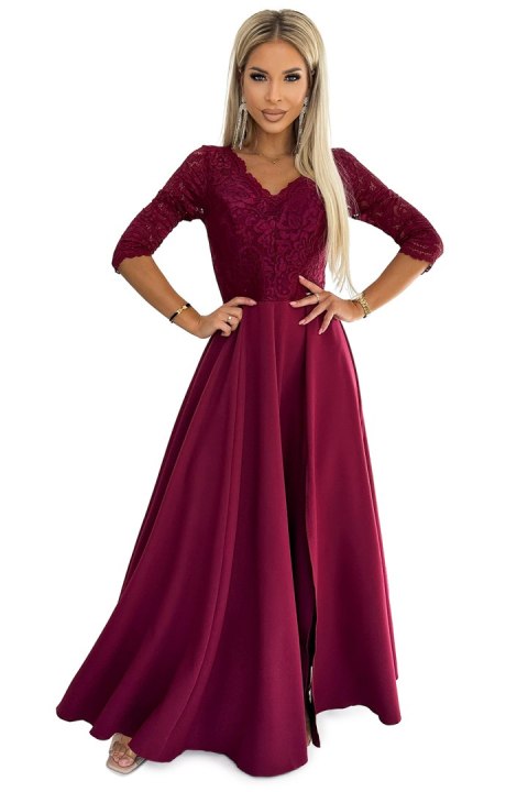 309-9 AMBER elegancka długa suknia maxi z koronkowym dekoltem - BORDOWA Numoco