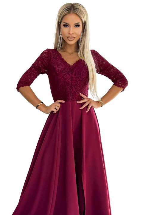 309-9 AMBER elegancka długa suknia maxi z koronkowym dekoltem - BORDOWA Numoco