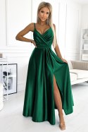 512-1 JULIET elegancka długa satynowa suknia z dekoltem - ZIELEŃ BUTELKOWA Numoco
