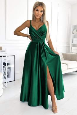 512-1 JULIET elegancka długa satynowa suknia z dekoltem - ZIELEŃ BUTELKOWA Numoco