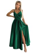 512-1 JULIET elegancka długa satynowa suknia z dekoltem - ZIELEŃ BUTELKOWA Numoco