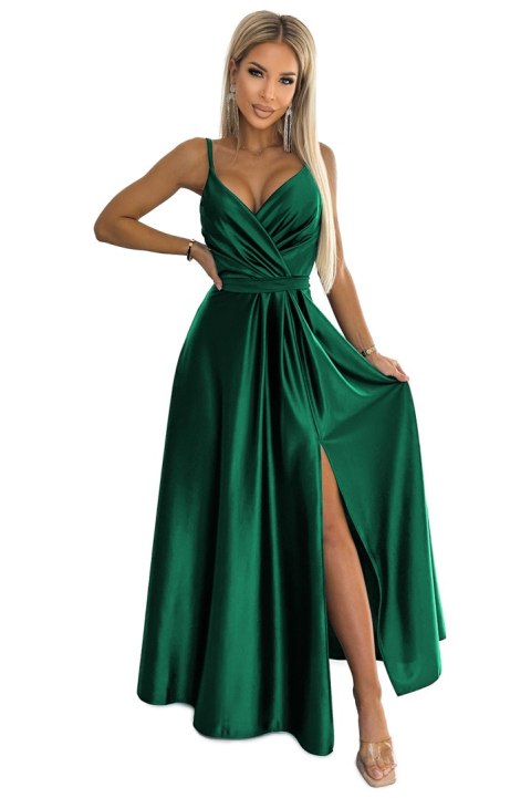 512-1 JULIET elegancka długa satynowa suknia z dekoltem - ZIELEŃ BUTELKOWA Numoco