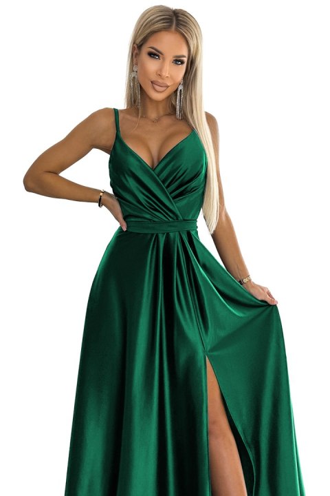 512-1 JULIET elegancka długa satynowa suknia z dekoltem - ZIELEŃ BUTELKOWA Numoco