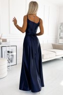 512-2 JULIET elegancka długa satynowa suknia z dekoltem - GRANATOWA Numoco