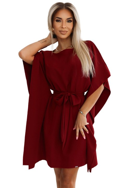287-34 SOFIA Kobieca sukienka motyl z wiązaniem w pasie - BORDOWA Numoco