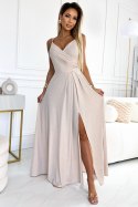 299-15 CHIARA elegancka maxi długa suknia na ramiączkach - BEŻOWA Z BROKATEM Numoco