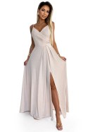 299-15 CHIARA elegancka maxi długa suknia na ramiączkach - BEŻOWA Z BROKATEM Numoco
