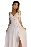 299-15 CHIARA elegancka maxi długa suknia na ramiączkach - BEŻOWA Z BROKATEM Numoco