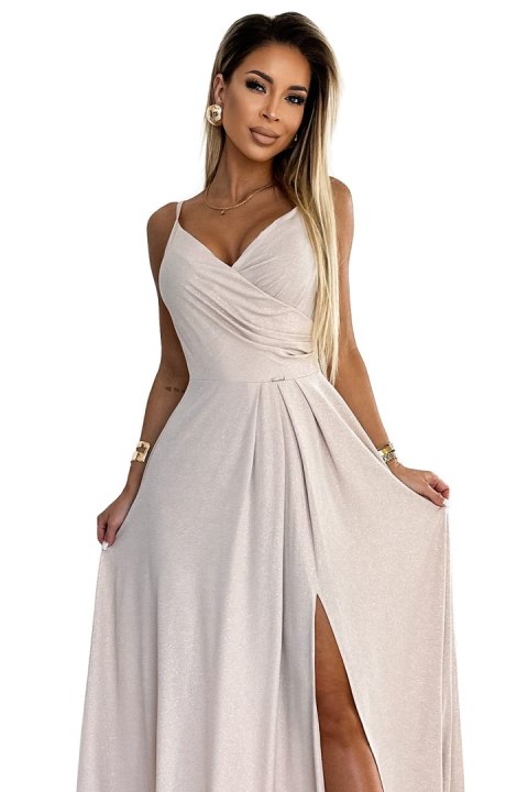 299-15 CHIARA elegancka maxi długa suknia na ramiączkach - BEŻOWA Z BROKATEM Numoco