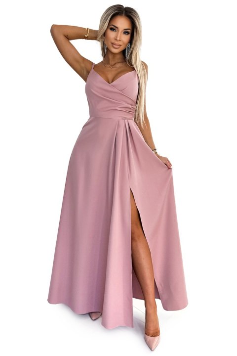 299-16 CHIARA elegancka maxi długa suknia na ramiączkach - BRUDNY RÓŻ Numoco