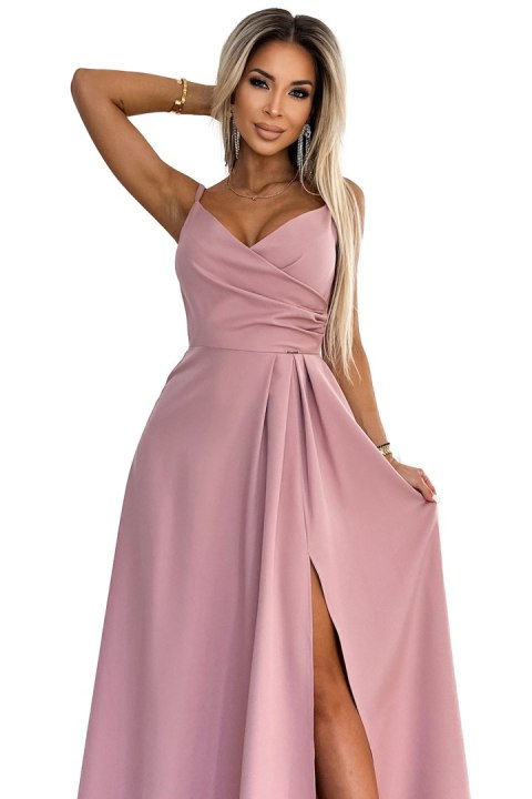 299-16 CHIARA elegancka maxi długa suknia na ramiączkach - BRUDNY RÓŻ Numoco