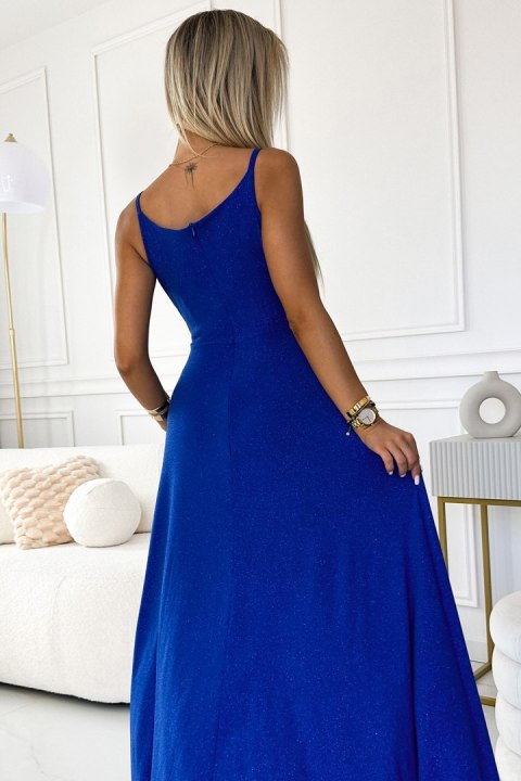 299-17 CHIARA elegancka maxi długa suknia na ramiączkach - CHABROWA Z BROKATEM Numoco