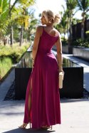 299-19 CHIARA elegancka maxi długa suknia na ramiączkach - FUKSJA Z BROKATEM Numoco