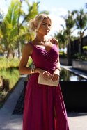 299-19 CHIARA elegancka maxi długa suknia na ramiączkach - FUKSJA Z BROKATEM Numoco