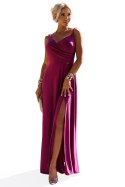 299-19 CHIARA elegancka maxi długa suknia na ramiączkach - FUKSJA Z BROKATEM Numoco