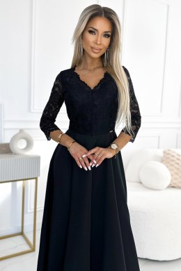 309-11 AMBER koronkowa elegancka długa suknia z dekoltem i rozcięciem na nogę - CZARNA Numoco