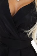 348-10 SCARLETT rozkloszowana sukienka z kopertowym dekoltem i paskiem - CZARNA Z BROKATEM Numoco