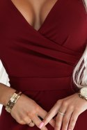 479-7 NINA elegancka sukienka z kopertowym dekoltem, rękawkiem i paskiem - BORDOWA Numoco