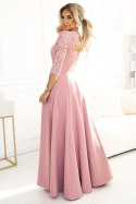 309-13 AMBER elegancka długa koronkowa suknia z dekoltem - PUDROWY RÓŻ Numoco