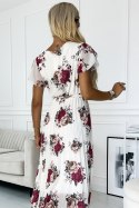 434-8 LISA Plisowana sukienka midi z dekoltem i falbankami - ecru + bordowe kwiaty Numoco basic
