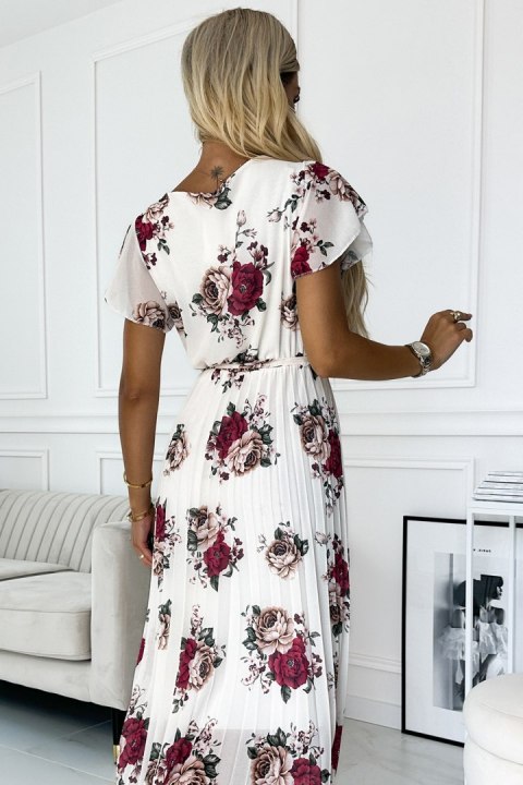 434-8 LISA Plisowana sukienka midi z dekoltem i falbankami - ecru + bordowe kwiaty Numoco basic