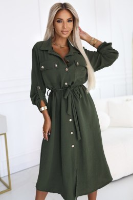 531-5 Szmizjerka midi ze złotymi guzikami i wiązaniem - KHAKI Numoco basic
