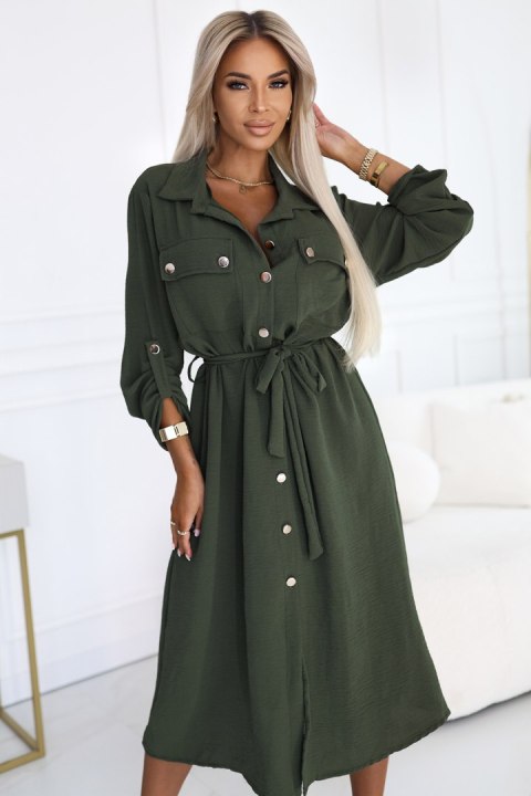 531-5 Szmizjerka midi ze złotymi guzikami i wiązaniem - KHAKI Numoco basic