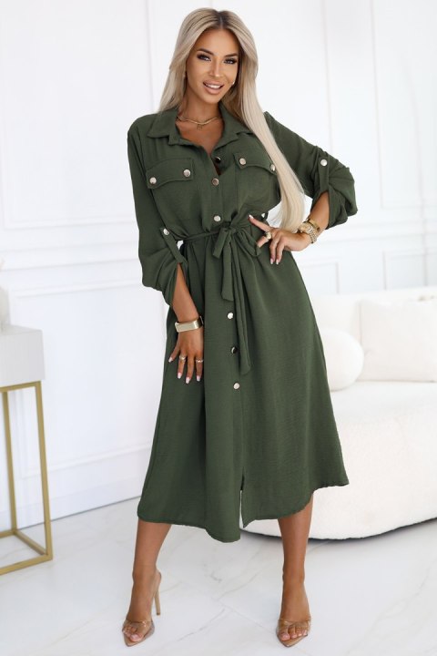 531-5 Szmizjerka midi ze złotymi guzikami i wiązaniem - KHAKI Numoco basic