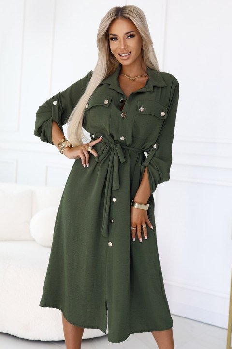 531-5 Szmizjerka midi ze złotymi guzikami i wiązaniem - KHAKI Numoco basic