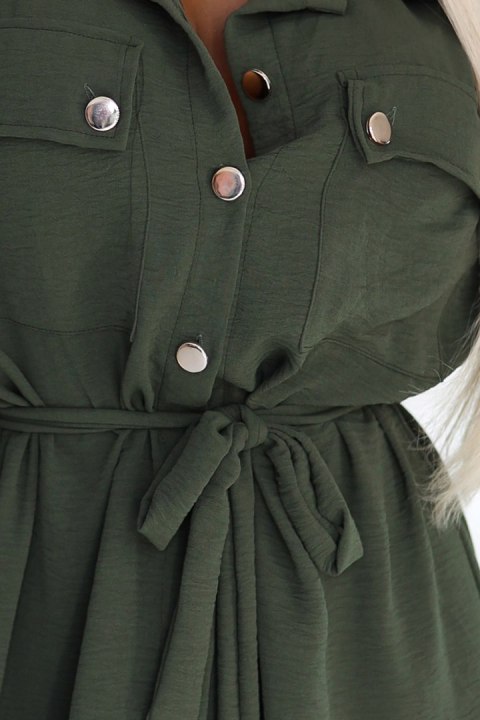 531-5 Szmizjerka midi ze złotymi guzikami i wiązaniem - KHAKI Numoco basic
