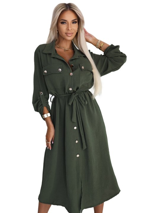531-5 Szmizjerka midi ze złotymi guzikami i wiązaniem - KHAKI Numoco basic