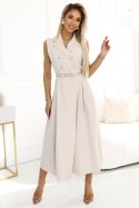596-1 Elegancka szmizjerka midi ze złotymi guzikami i paskiem - BEŻOWA Numoco basic