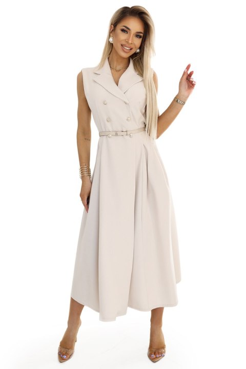 596-1 Elegancka szmizjerka midi ze złotymi guzikami i paskiem - BEŻOWA Numoco basic