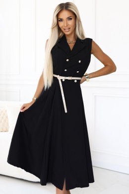 596-3 Elegancka szmizjerka midi ze złotymi guzikami i paskiem - CZARNA Numoco basic