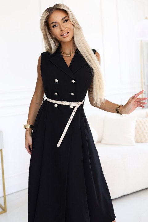 596-3 Elegancka szmizjerka midi ze złotymi guzikami i paskiem - CZARNA Numoco basic