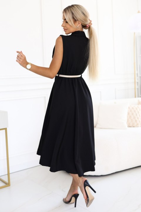 596-3 Elegancka szmizjerka midi ze złotymi guzikami i paskiem - CZARNA Numoco basic