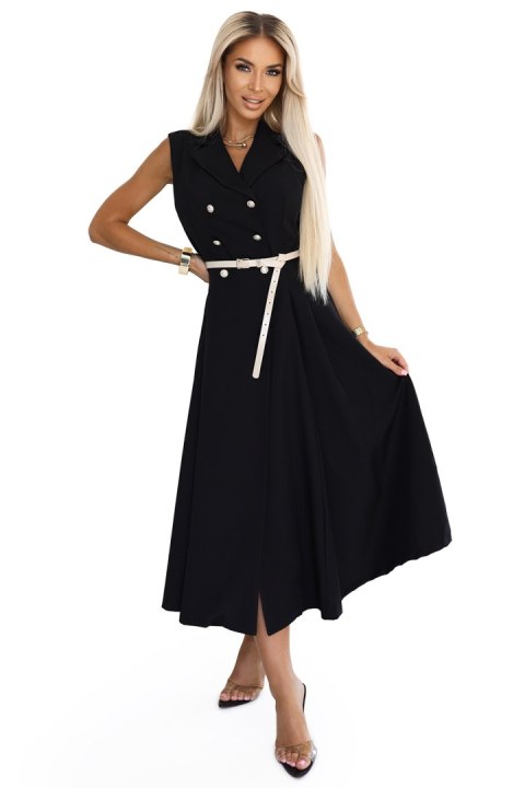 596-3 Elegancka szmizjerka midi ze złotymi guzikami i paskiem - CZARNA Numoco basic